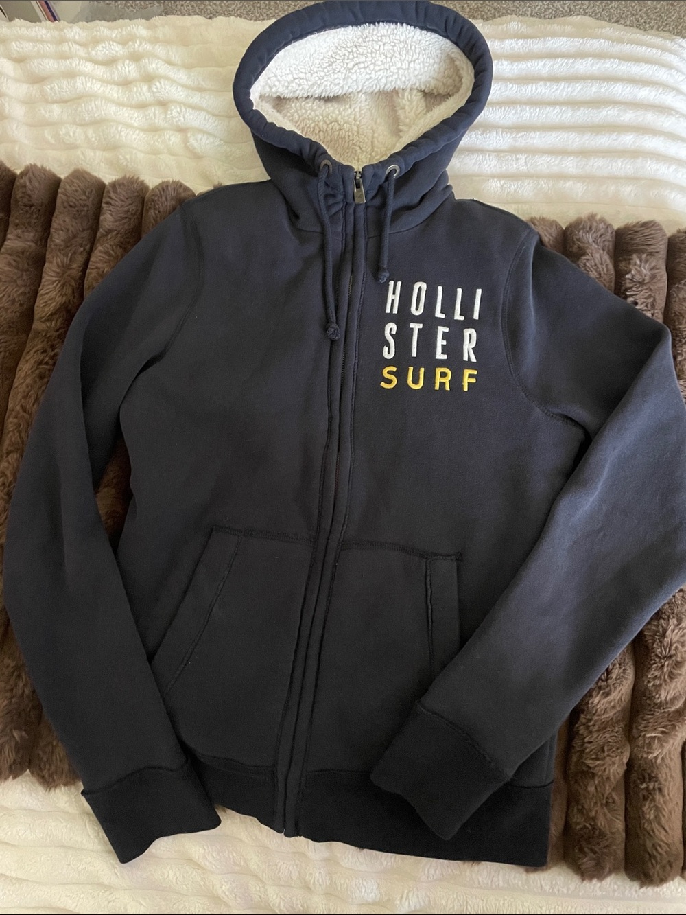 Hollister Navy Zip-Up Hooded Jacket with Yellow 'Surf' Logo